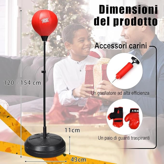 Punching Ball da Terra Altezza Regolabile 120-154 cm, Sacco di Pugilato con Guanti Inclusi, Palla di Boxe con Base per Adulti e Bambini