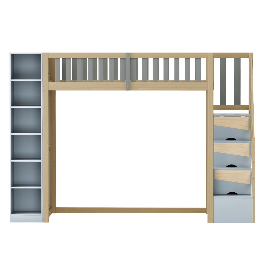 OKWISH Letto a Soppalco 90×200 cm, Letto Singolo con Armadio, Mensole e Scala con Contenitore, senza Materasso, in Legno, Grigio