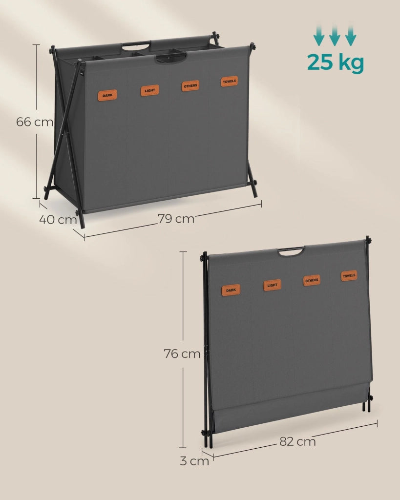 Cesto portabiancheria 115 litri 2 scomparti 79,9 x 40 x 66 cm struttura pieghevole a X organizer per vestiti con etichette personalizzabili grigio 12_0006692
