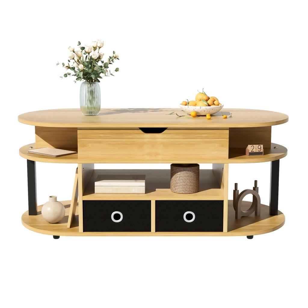 OKWISH Tavolino da Salotto Rettangolare con Piano Sollevabile, 2 Cassetti in Tessuto e Vano, Nero e Legno, 105 x 50 x 45/60 cm