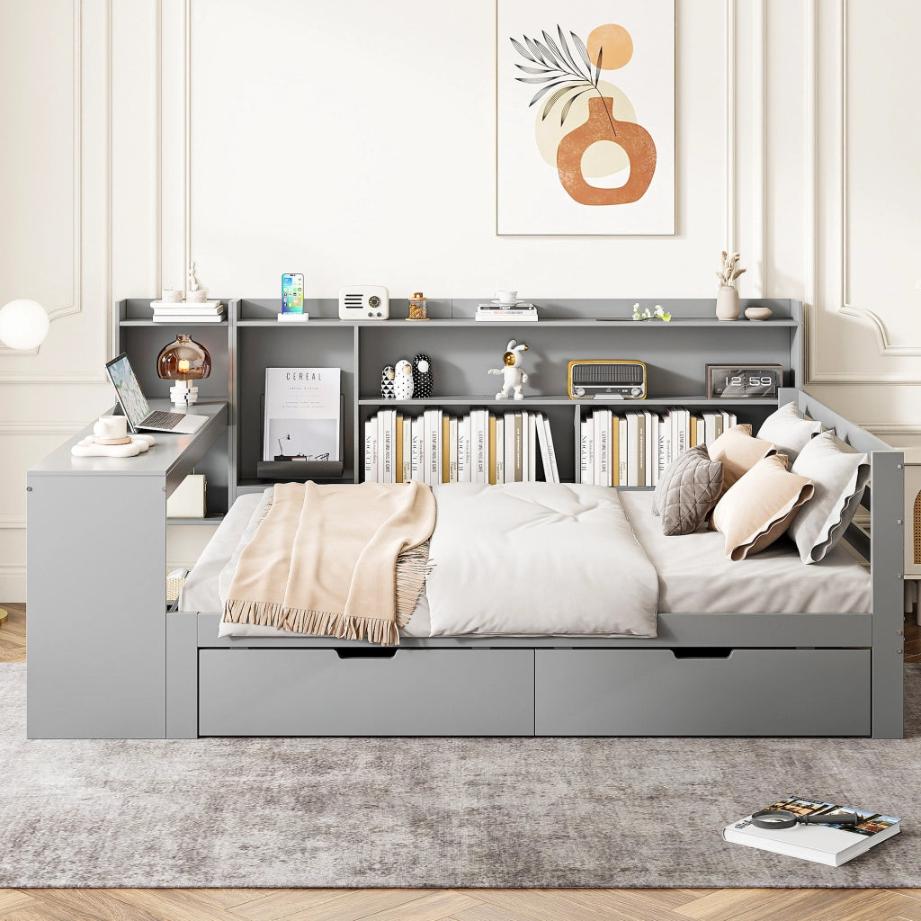 Letto divano 140 × 200 cm con scrivania, scaffali, 2 cassetti, prese USB e contenitore, senza materasso, grigio