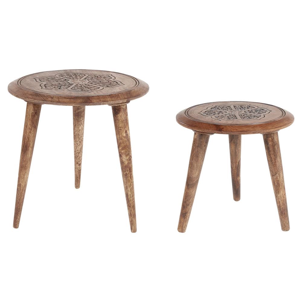 Set di 2 tavolini in legno di mango scuro Tavolino decorativo per il caffè Piccolo arredamento per il soggiorno Design orientale