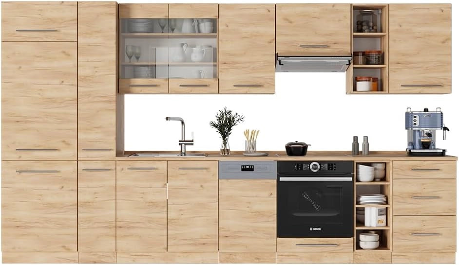 Cucina componibile Fame-Line, Quercia dorata, 355 cm senza piano di lavoro, adatto per l'espansione personalizzata con moduli aggiuntivi