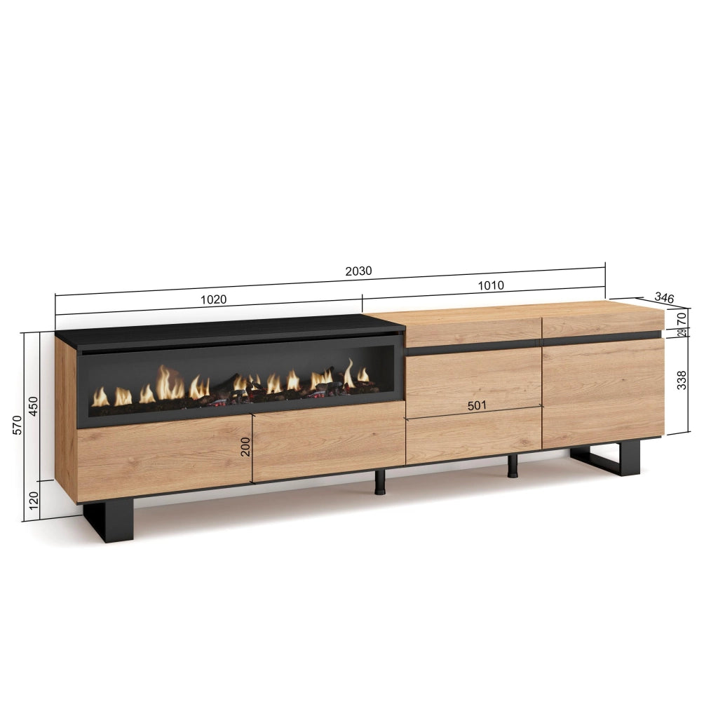 Mobile TV, 200x35x57cm, soggiorno, Per TV fino a 80", Camino elettrico, Design industriale, colore Rovere e nero RF2146