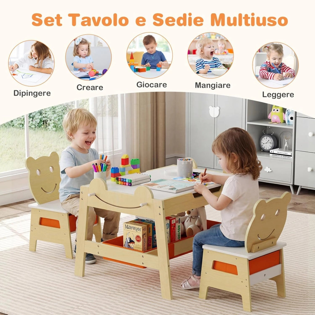 Set Tavolo e 2 Sedie per Bambini, 5 in 1 Tavolino e Sedie con 4 Ganci, 3 Scatole in Tessuto e Lavagna Reversibile per Bambini 3+ Anni per Cameretta Ragazzi (Naturale, Stile 5)