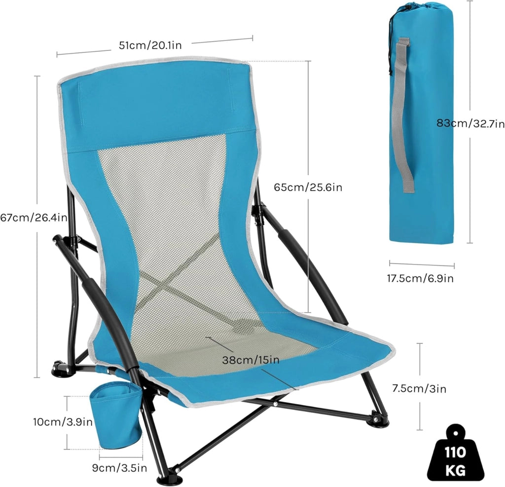 Sedia da Spiggia/Campeggio Bassa Pieghevole Set di 2, Sedia Portatile da Esterno Leggera con Schienale in Rete Traspirante, Portabicchieri, Borsa di Trasporto, Blu