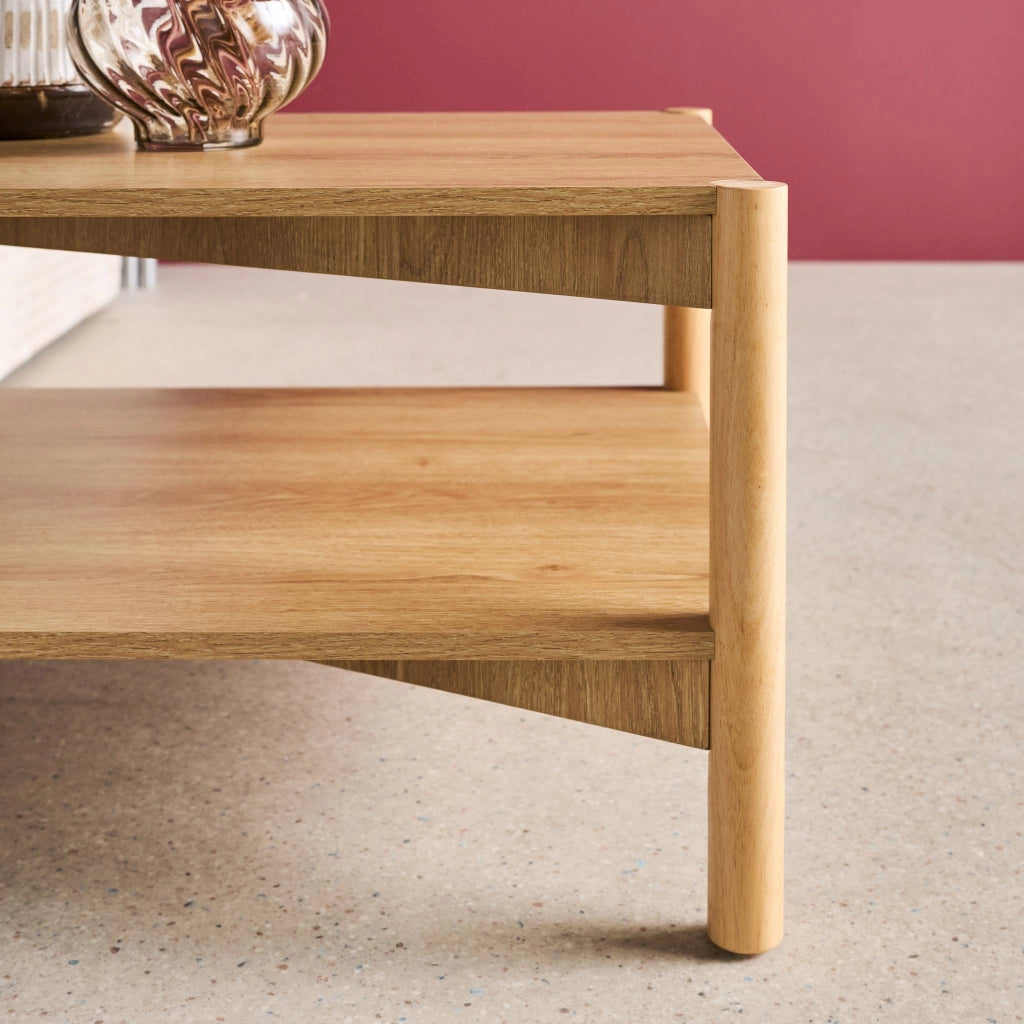 Tavolino rettangolare decorazione legno doppio ripiano, marrone