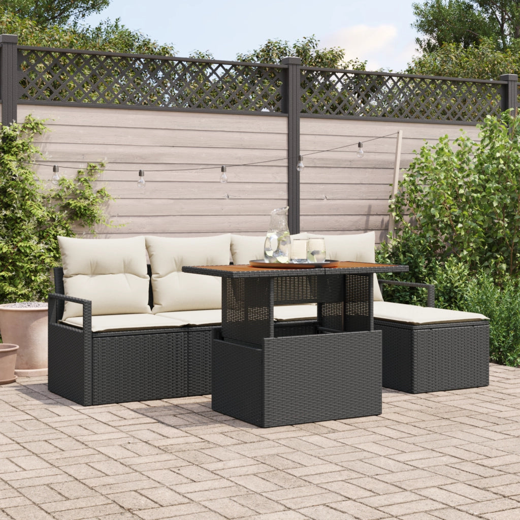 Set Divano Giardino  con Cuscini Rattan Nero Polietilene Acacia