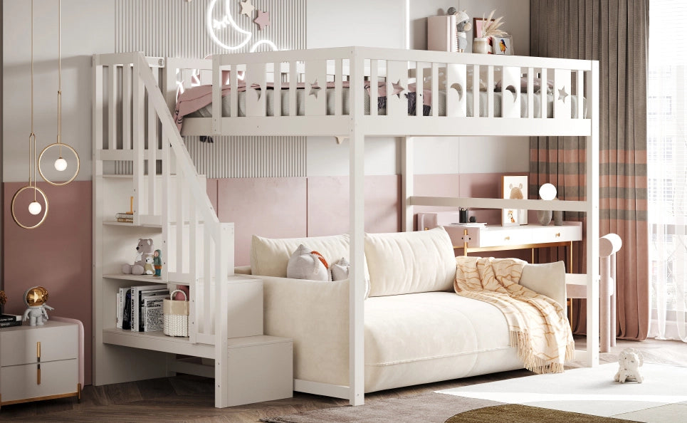 Letto a soppalco 140x200 cm con scala; ripiani e zona divano bianco