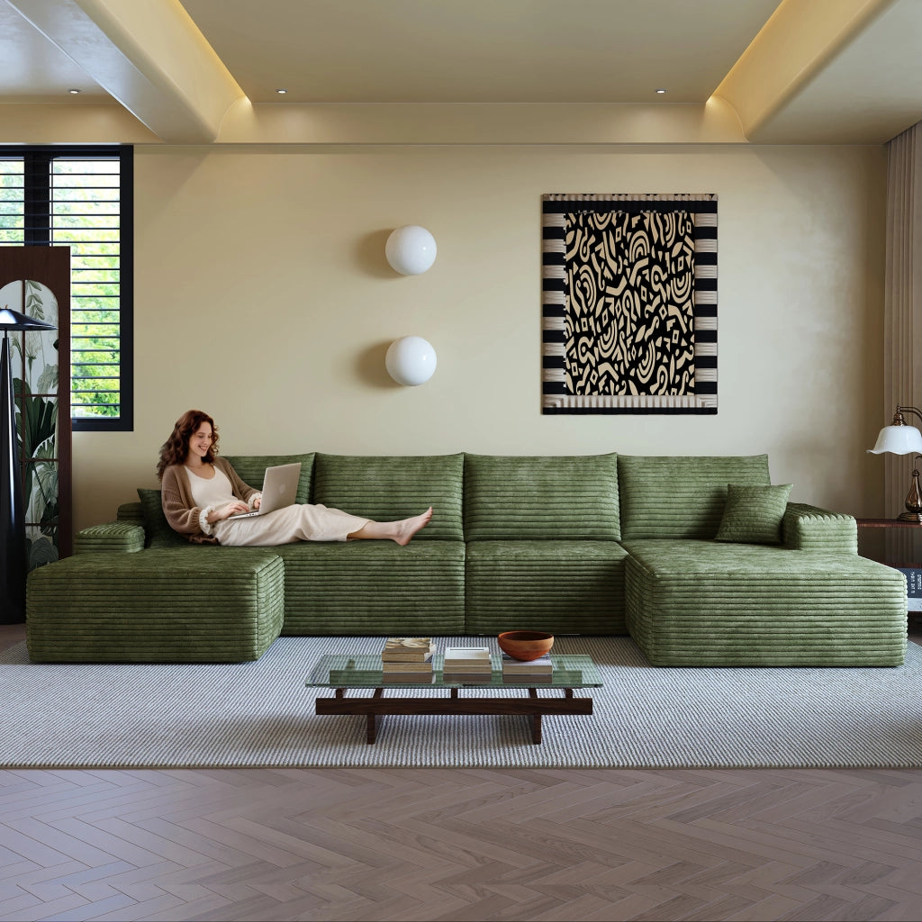 Divano ad angolo modulare con chaise longue a L e seduta in schiuma ad alta elasticità, tessuto verde 270 × 175 × 83 cm