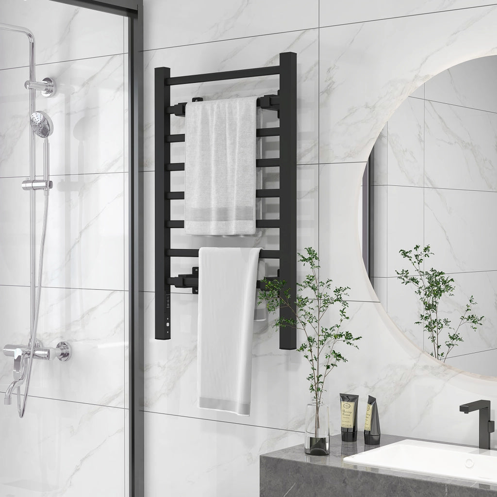 Scaldasalviette Elettrico da Terra o Parete 150W con 8 Barre e Timer 2-4 Ore, 53x35x90 cm, Nero
