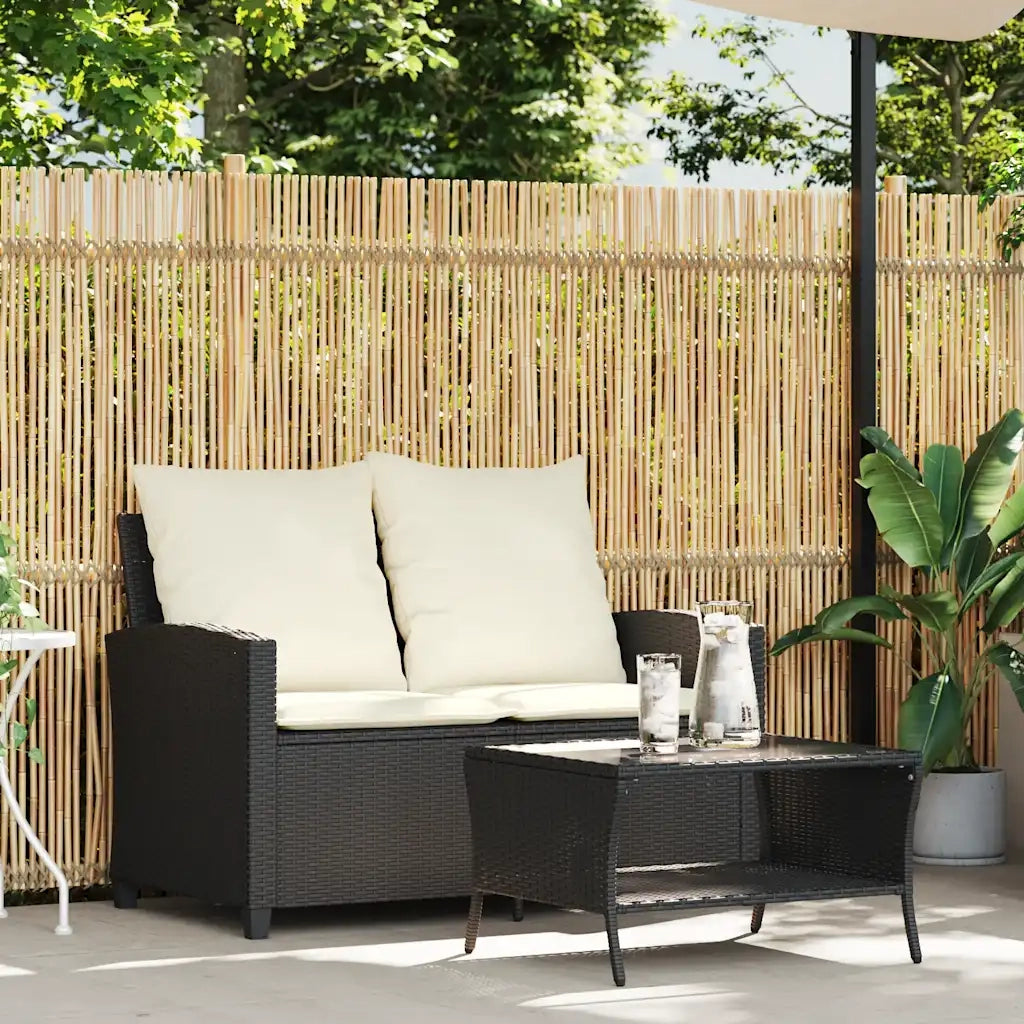 Divano da Giardino a 2 Posti Cuscini&Tavolo-Sofa da Giardino-Divano da esterno Nero in Polyrattan