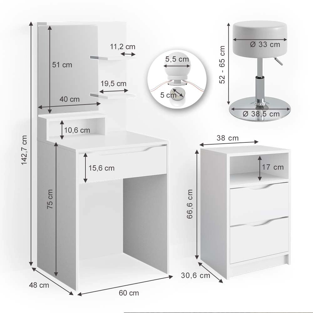 Vicco Tavolo da toeletta Bianco con cassettiera, illuminazione a LED e sgabello