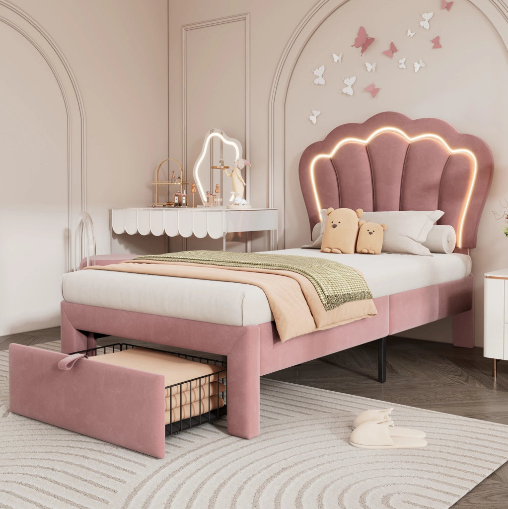 Letto imbottito 90x190 cm LED RGB; testiera regolabile; velluto rosa (Senza materasso)