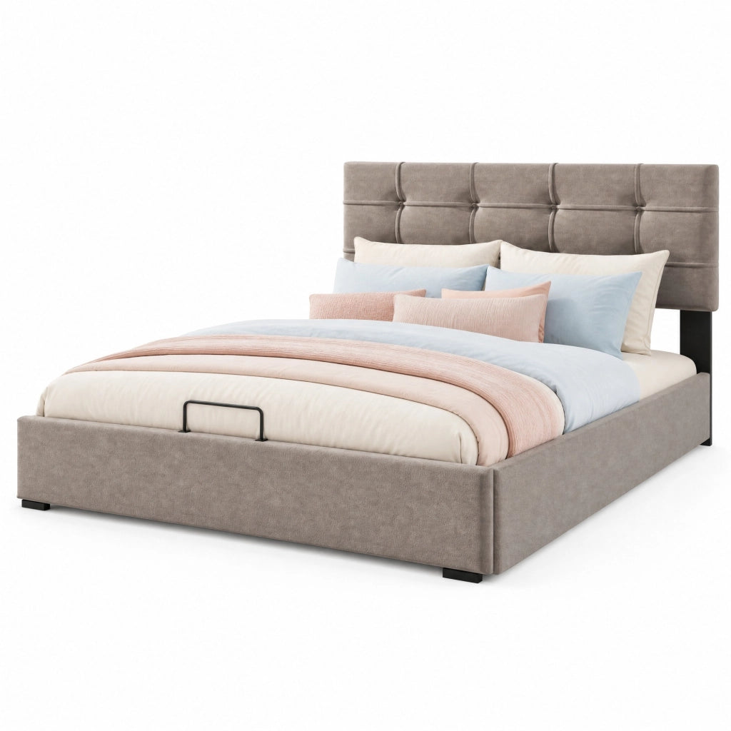 Letto matrimoniale imbottito 140x200 cm in velluto grigio chiaro con contenitore e testiera regolabile