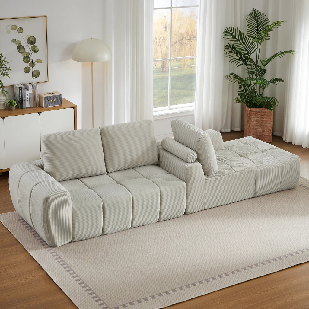 Divano angolare modulare in corduroy con design segmentato - per soggiorno e ufficio - beige