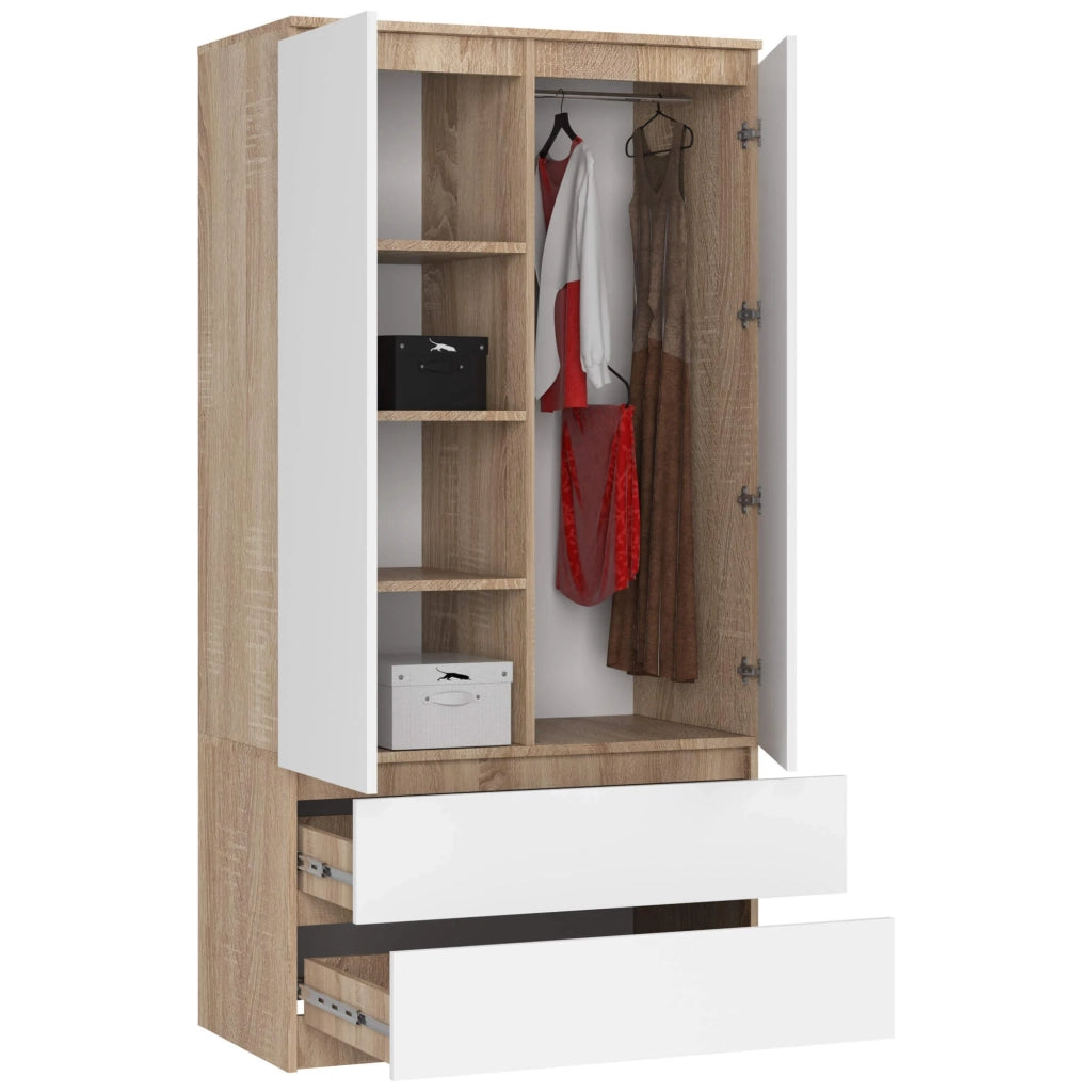 Armadio AKORD S90 Sonoma Quercia 90 cm 2 ante 2 cassetti inserto frontale Bianco 90x51x180 cm