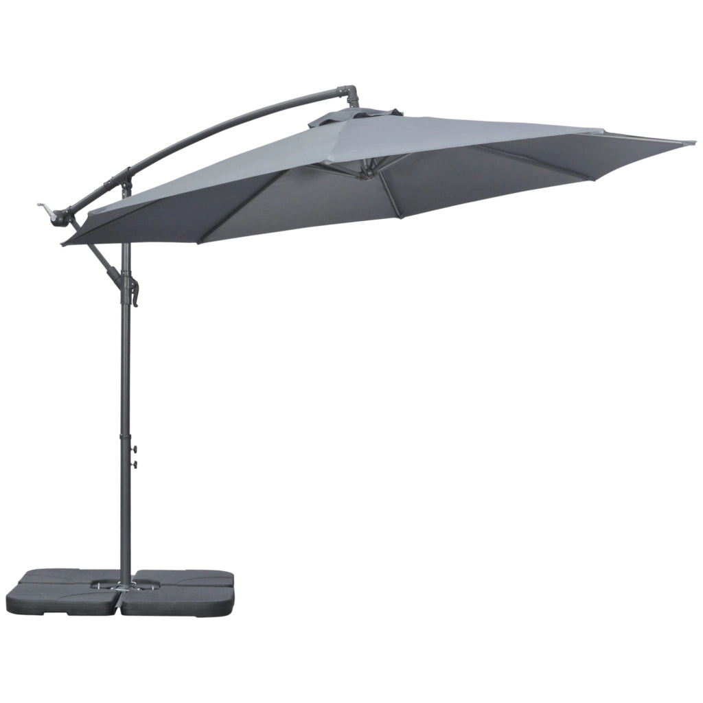 Parasole a sbalzo 2.92 m con manovella manuale parasole da giardino completo di pesi e copertura base trasversale in acciaio tessuto Oxford grigio scuro