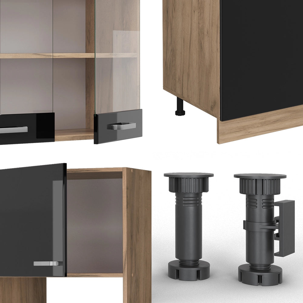 Vicco Cucina componibile Rovere nero/oro lucido 300 cm con armadio alto, PL Rovere