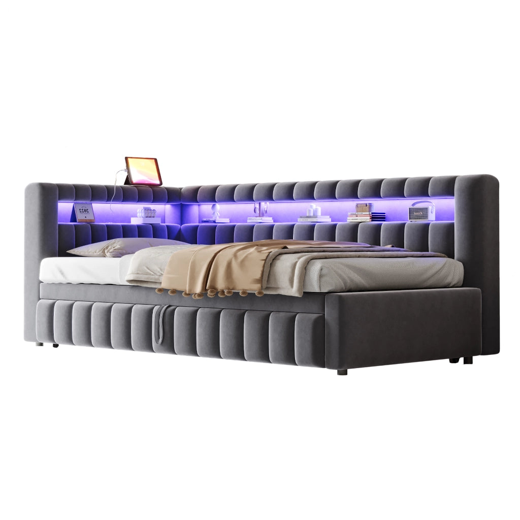 Letto imbottito 90x200 cm con letto estraibile, LED, porte USB e ripiani, grigio
