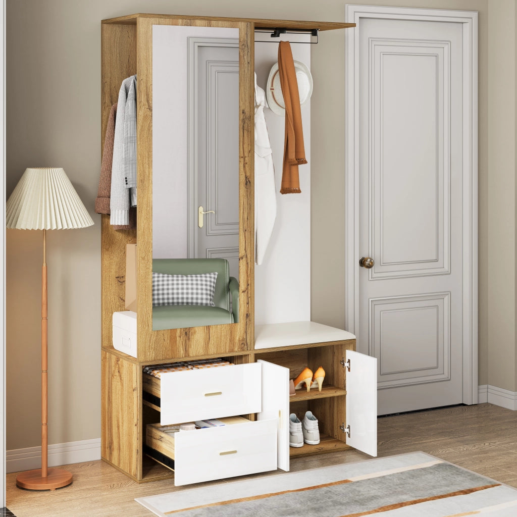 Mobile Ingresso con Specchio; Panca Scarpiera e Armadio Scarpiera con Barra Estraibile; 2 Ganci; Stile Moderno; in Truciolare; 100??38??180 cm; Bianco Naturale