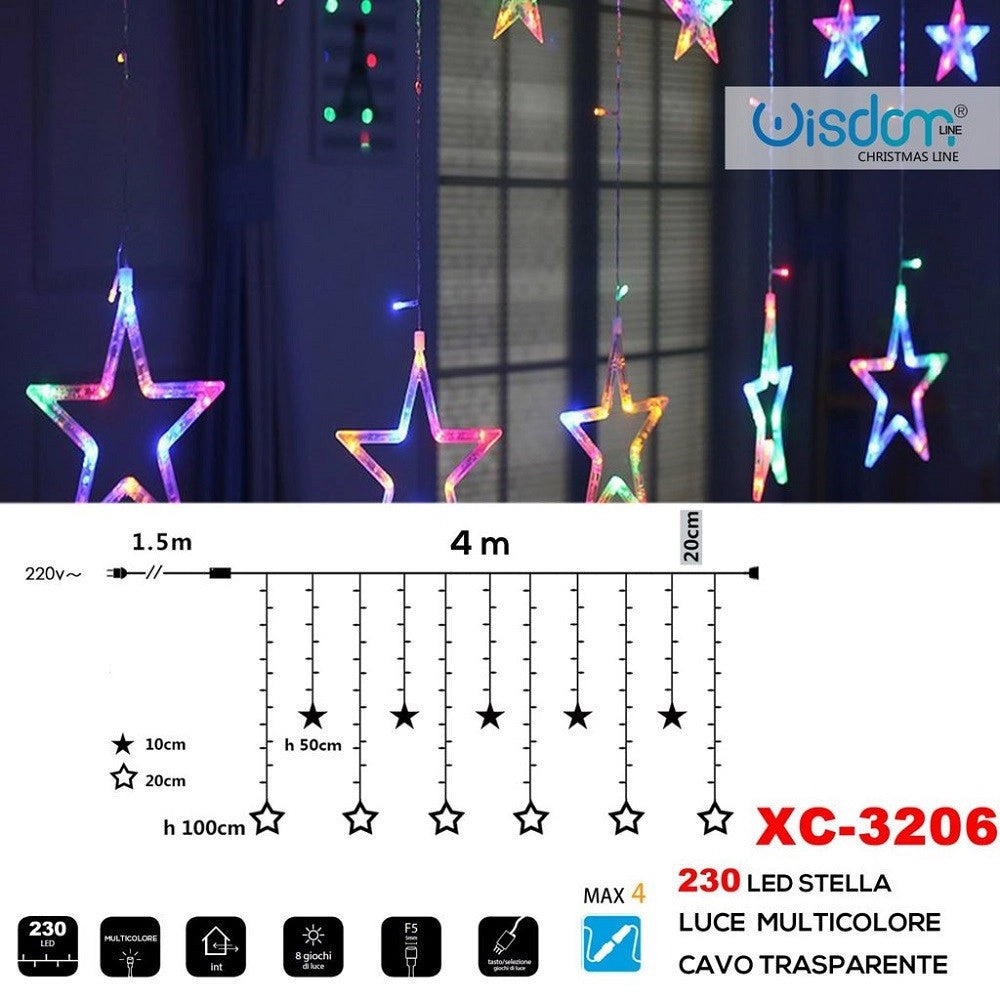 Trade Shop - Tenda Luminosa Natalizia 230led Stelle Luce Multicolore Cavo Trasparente Xc-3206 -
