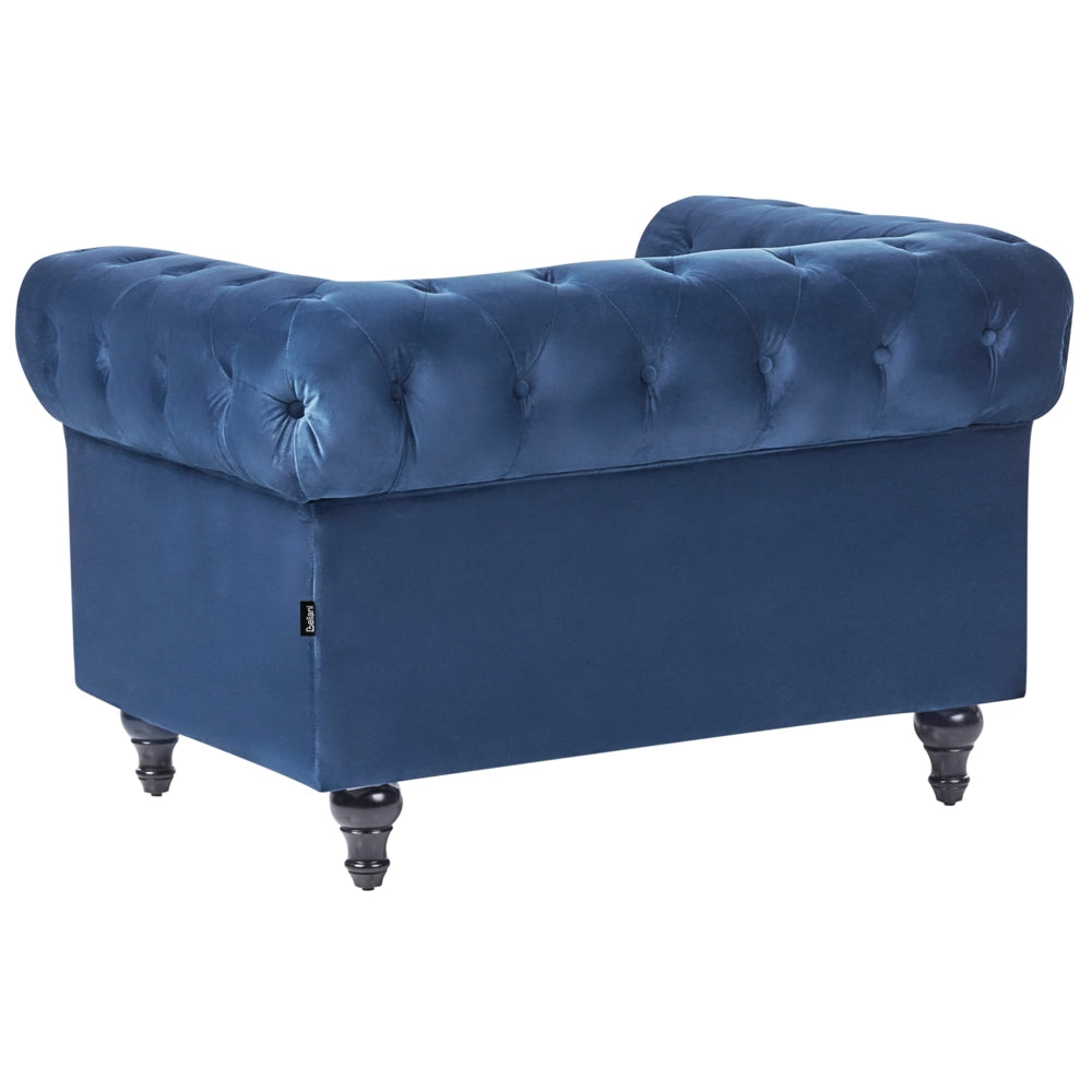 Poltrona Chesterfield Rivestimento in Tessuto Velluto Blu Gambe in Legno Scuro Contemporaneo