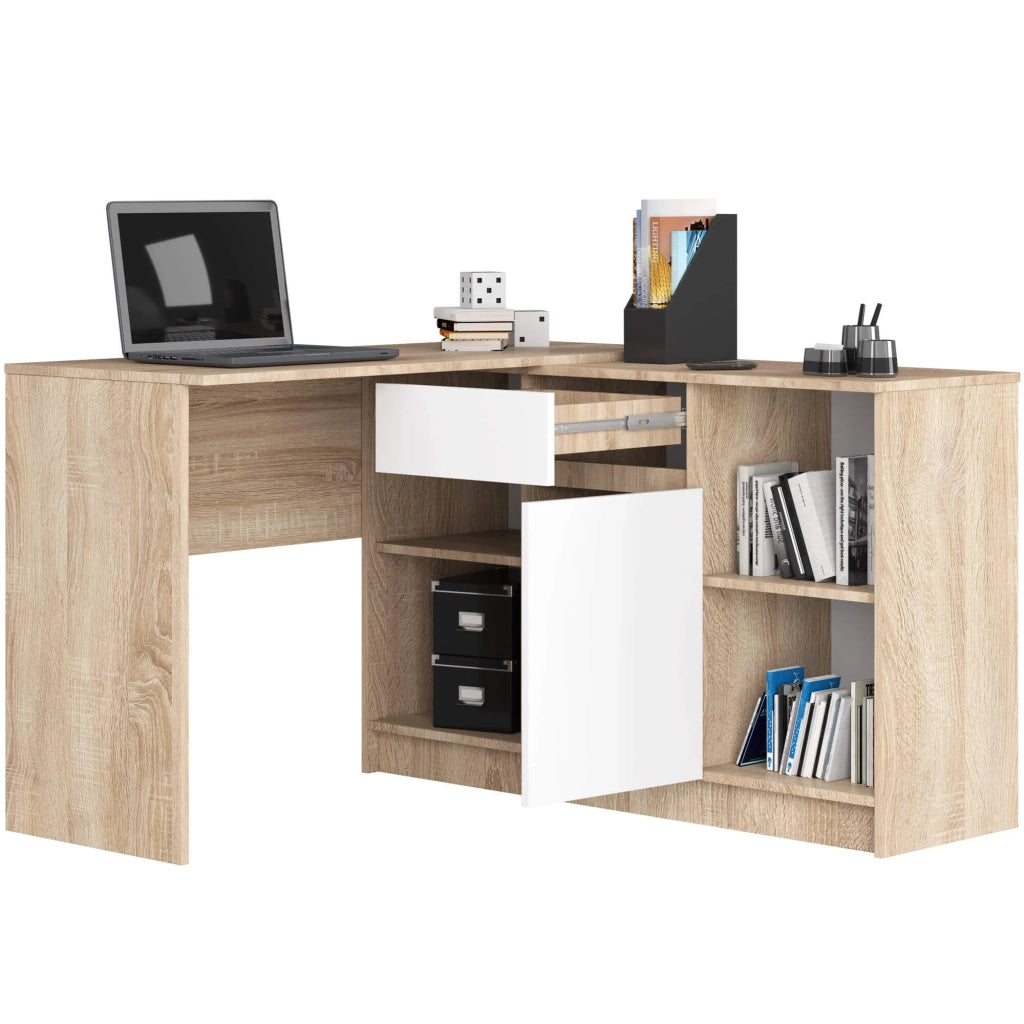 Scrivania angolare AKORD B17 Sonoma Quercia 120 cm 1 anta 1 cassetto inserto frontale Bianco 120x126x79 cm
