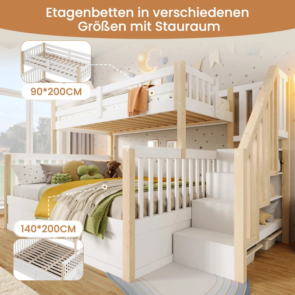 OKWISH Letto a Castello 90×200 cm e 140×200 cm, Letto 3 Posti con Contenitore Idraulico, Scala con Contenitori e Sponde, senza Materasso, Bianco e Naturale