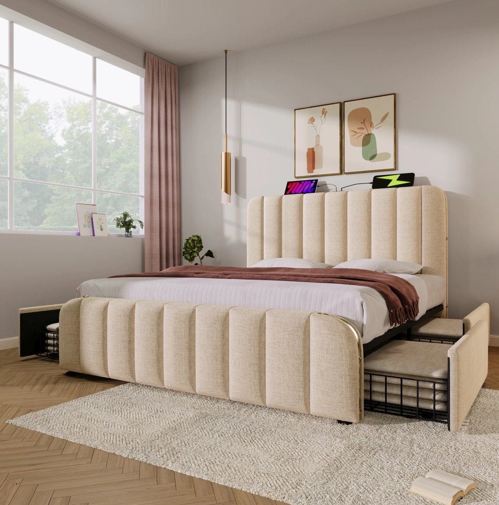 Letto matrimoniale imbottito ULEVR 160x200 cm con materasso H3, 4 cassetti, USB e Type-C, beige