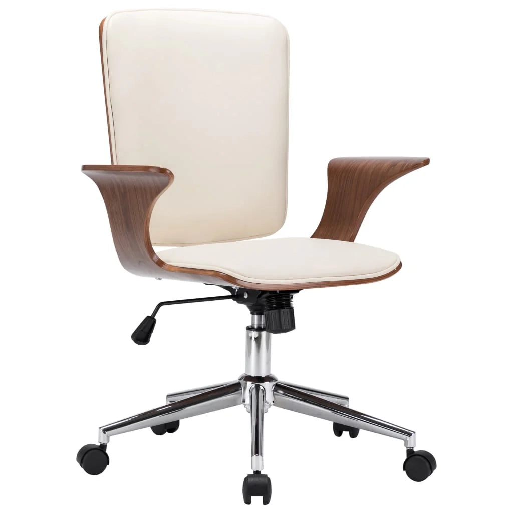 Sedia girevole da ufficio/studio color crema in similpelle e legno curvato adatta all'uso con il computer. 02_0024097