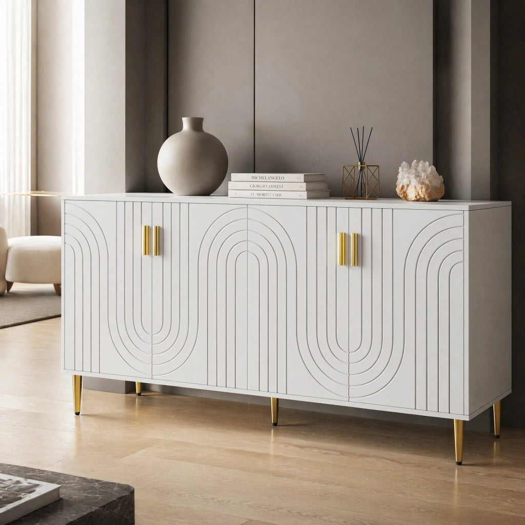 Credenza moderna bianca in MDF con design ondulato, struttura capiente e sistema antiribaltamento