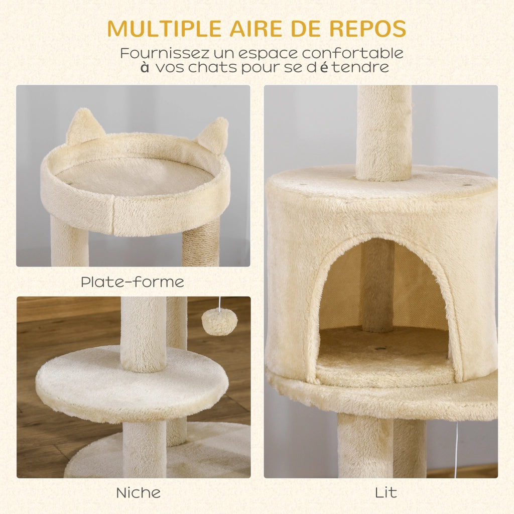 Albero per gatti con piattaforme tiragraffi e nicchia ¨C zephmum ¨C crema 48x104 cm