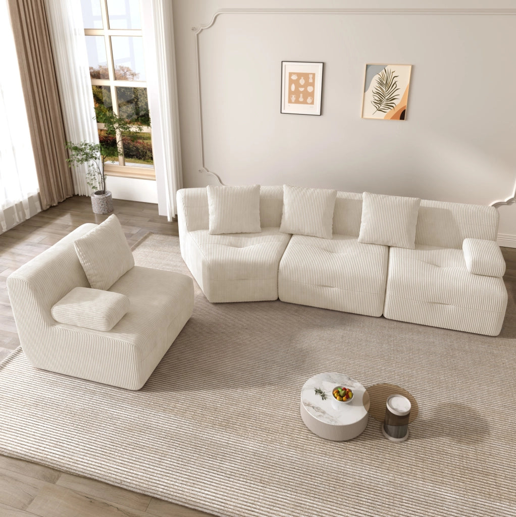 Divano modulare 4 posti in tessuto corduroy beige chiaro; 311x90x65 cm