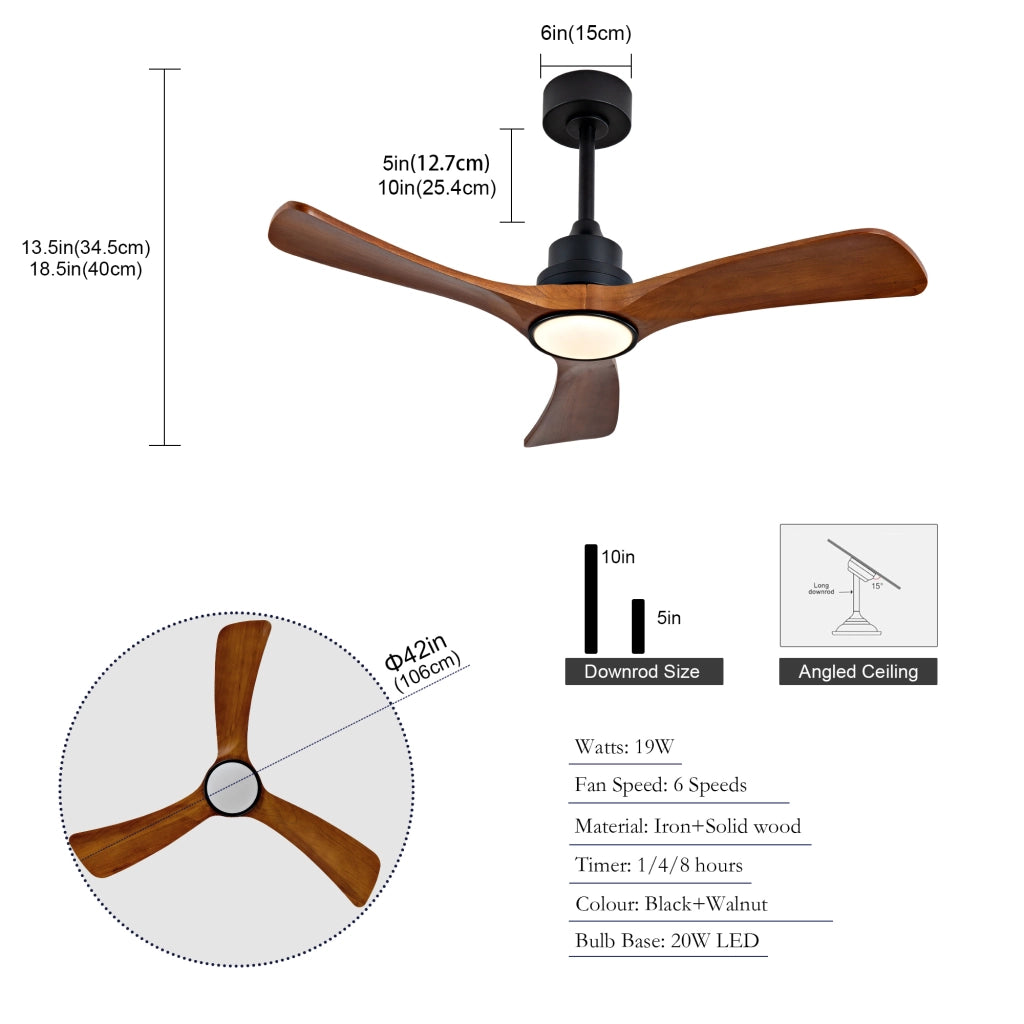 Ventilatore da soffitto con luce LED; pale in legno massello e doppio comando; nero e noce scuro