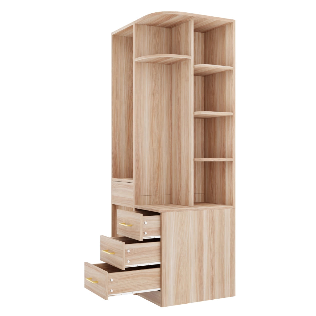 Scaffale guardaroba moderno con appendiabiti ripiani a più livelli e cassetti in MDF color legno 70 × 55 × 175 cm
