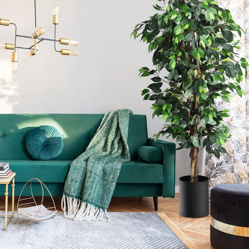 Albero Artificiale Fico di Betulla 180 cm, Pianta Verde con Vaso in Cemento e 1008 Foglie, Decorazione d’Interno per Casa ed Ufficio