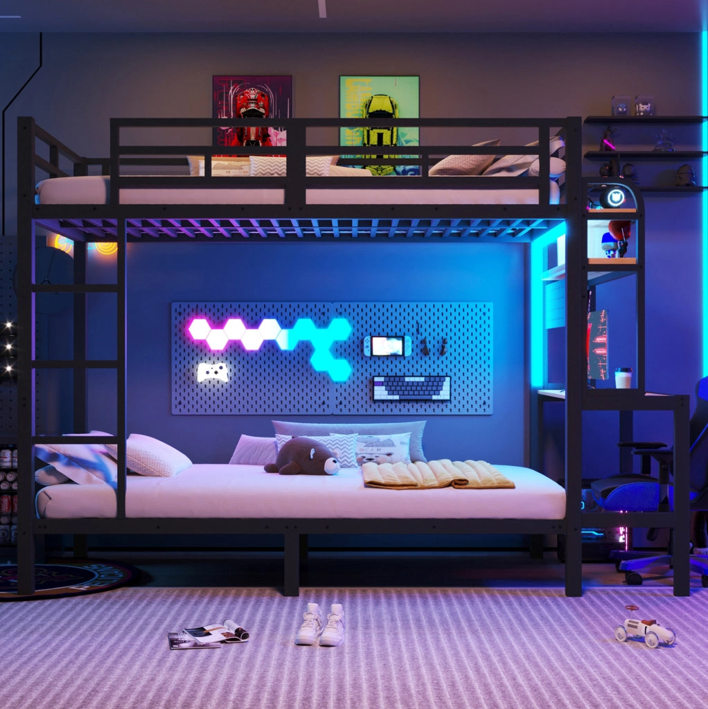 Letto a castello 90x200 cm in metallo e MDF; con scrivania; LED; USB e scala; nero