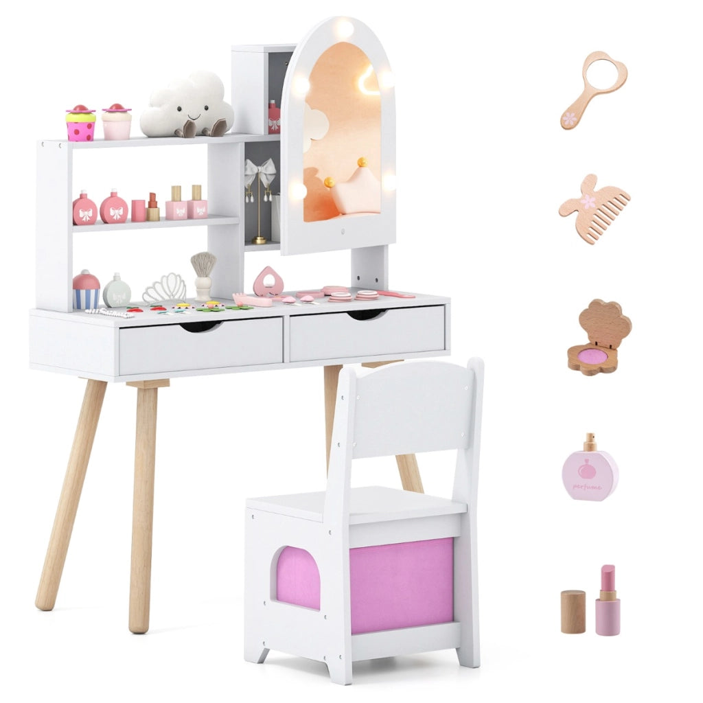Set tavolo da toeletta per bambini da trucco con 3 modalit¨¤ di illuminazione colorata, Tavolo specchio con armadietto Bianco