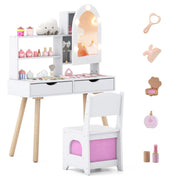 Set tavolo da toeletta per bambini da trucco con 3 modalit¨¤ di illuminazione colorata, Tavolo specchio con armadietto Bianco