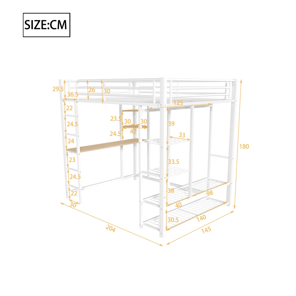 Letto a soppalco in metallo bianco 140x200 cm con scrivania, scaffali e vano guardaroba