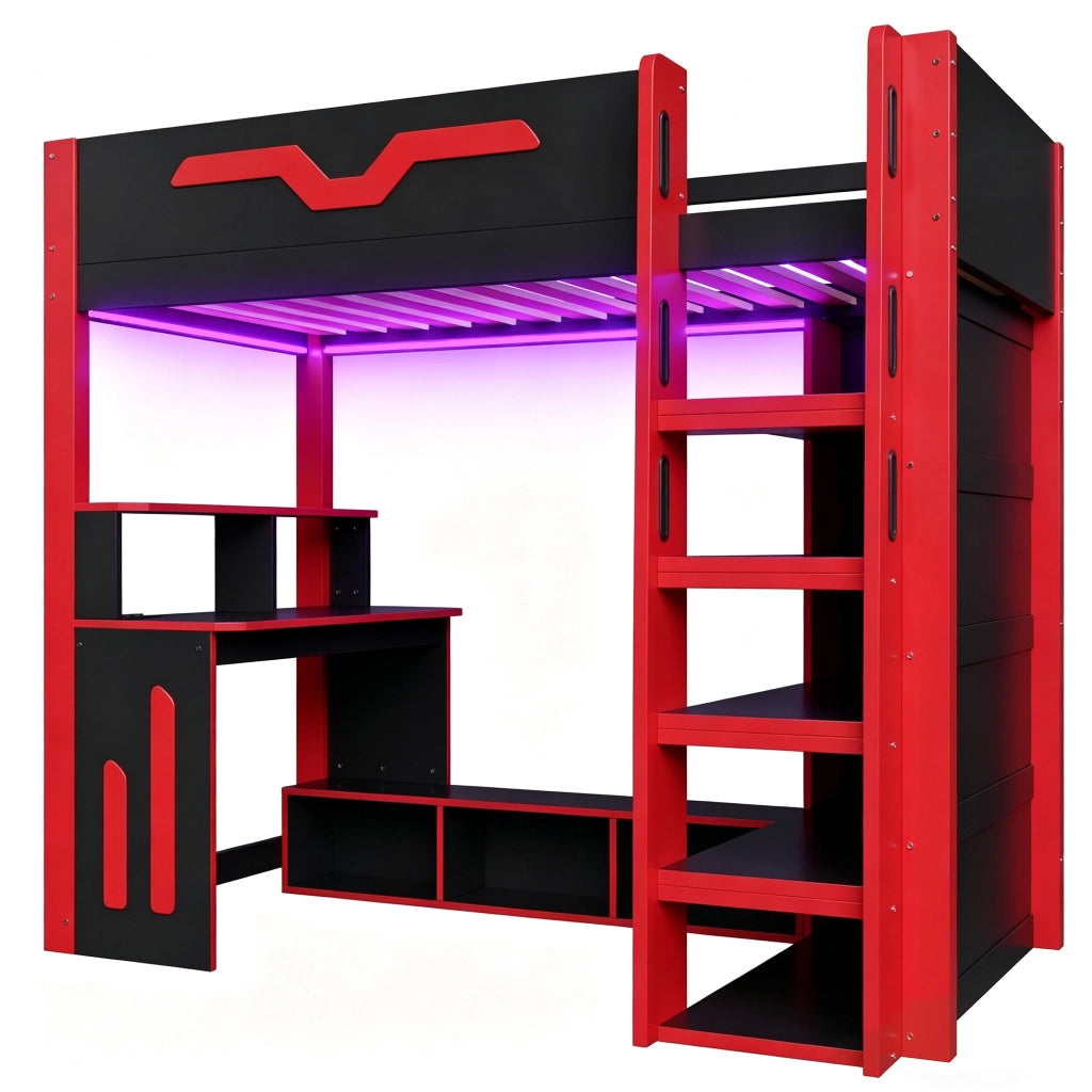 Letto a Soppalco Letto Singolo 90x200 cm con Scrivania; LED e Scaffale; Nero Rosso