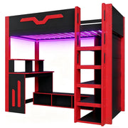 Letto a Soppalco Letto Singolo 90x200 cm con Scrivania; LED e Scaffale; Nero Rosso