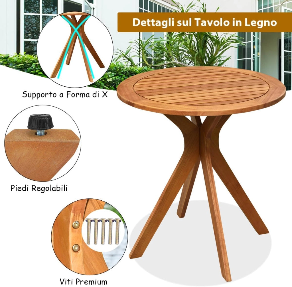 Tavolino Laterale da Giardino in Legno per Esterni, Tavolo Rotondo da 70 cm con Base a X, Tavolino da Caffè per Giardino, Cortile, Patio, Soggiorno, Portata 50 kg