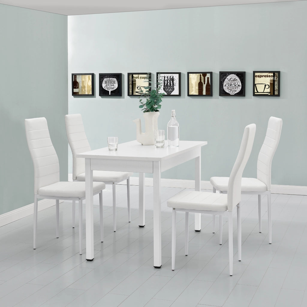 Set da Sala da Pranzo Tavolo con 4 Sedie Gambe in Acciaio Rivestimento in Similpelle - Bianco [en.casa]