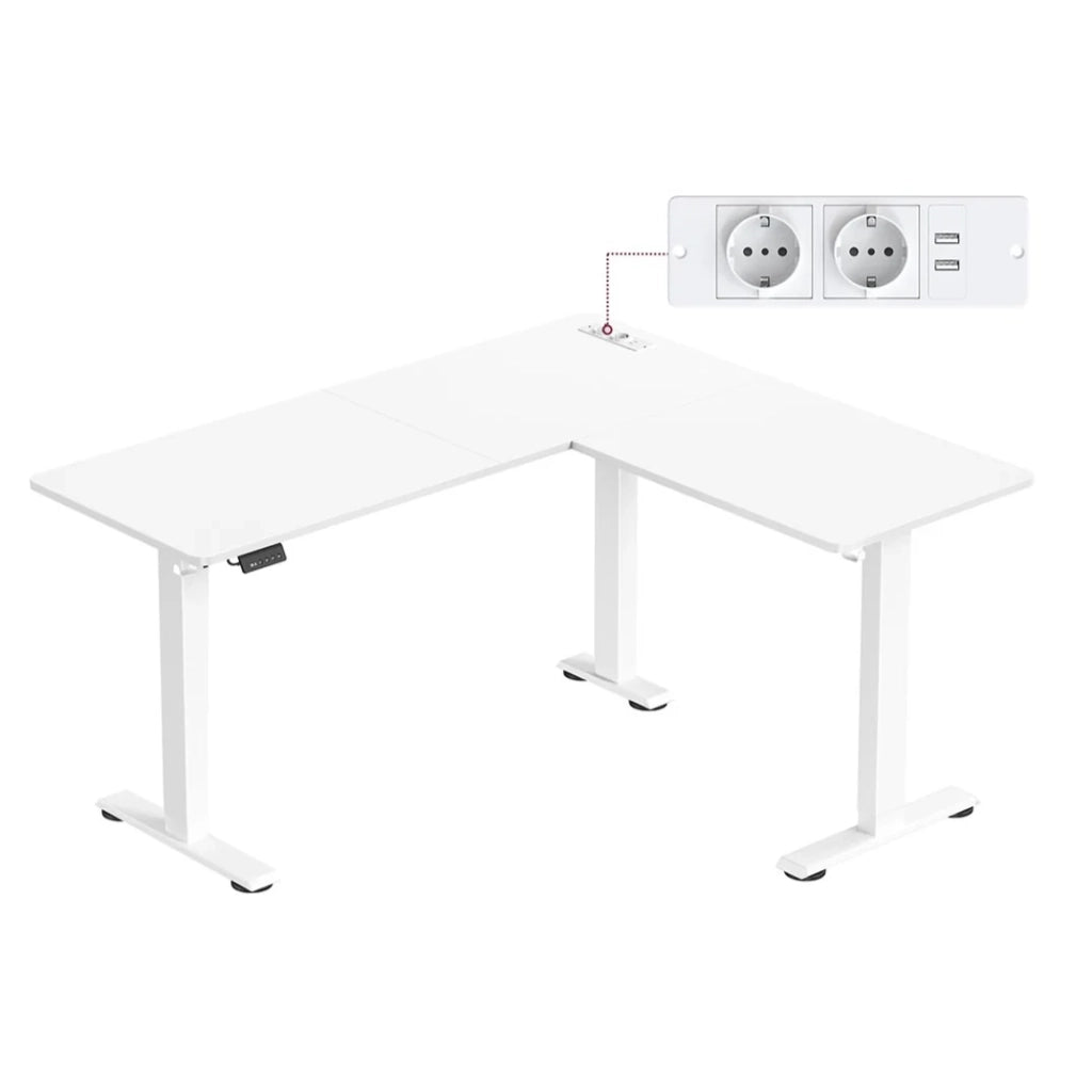 Scrivania regolabile elettricamente in altezza tavolo angolare a L 140 x 160 cm con multipresa e funzione memory 2 impostazioni di altezza per l'ufficio domestico bianco 12_0004615
