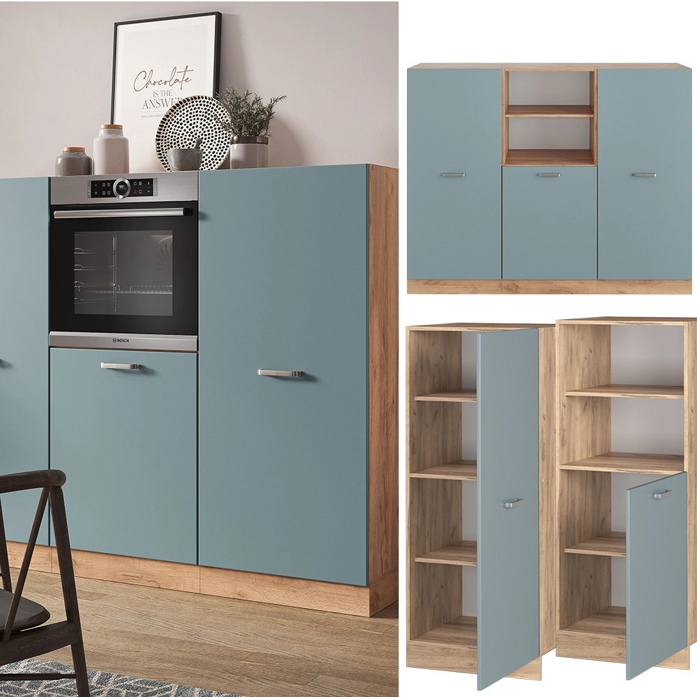 Vicco Cucine componibili piccole Rovere blu-grigio/oro 180 cm senza piano di lavoro