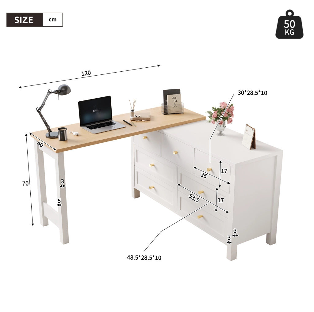 Scrivania girevole 120x40x70 cm con 7 cassetti; piano 360° in truciolare bianco e naturale