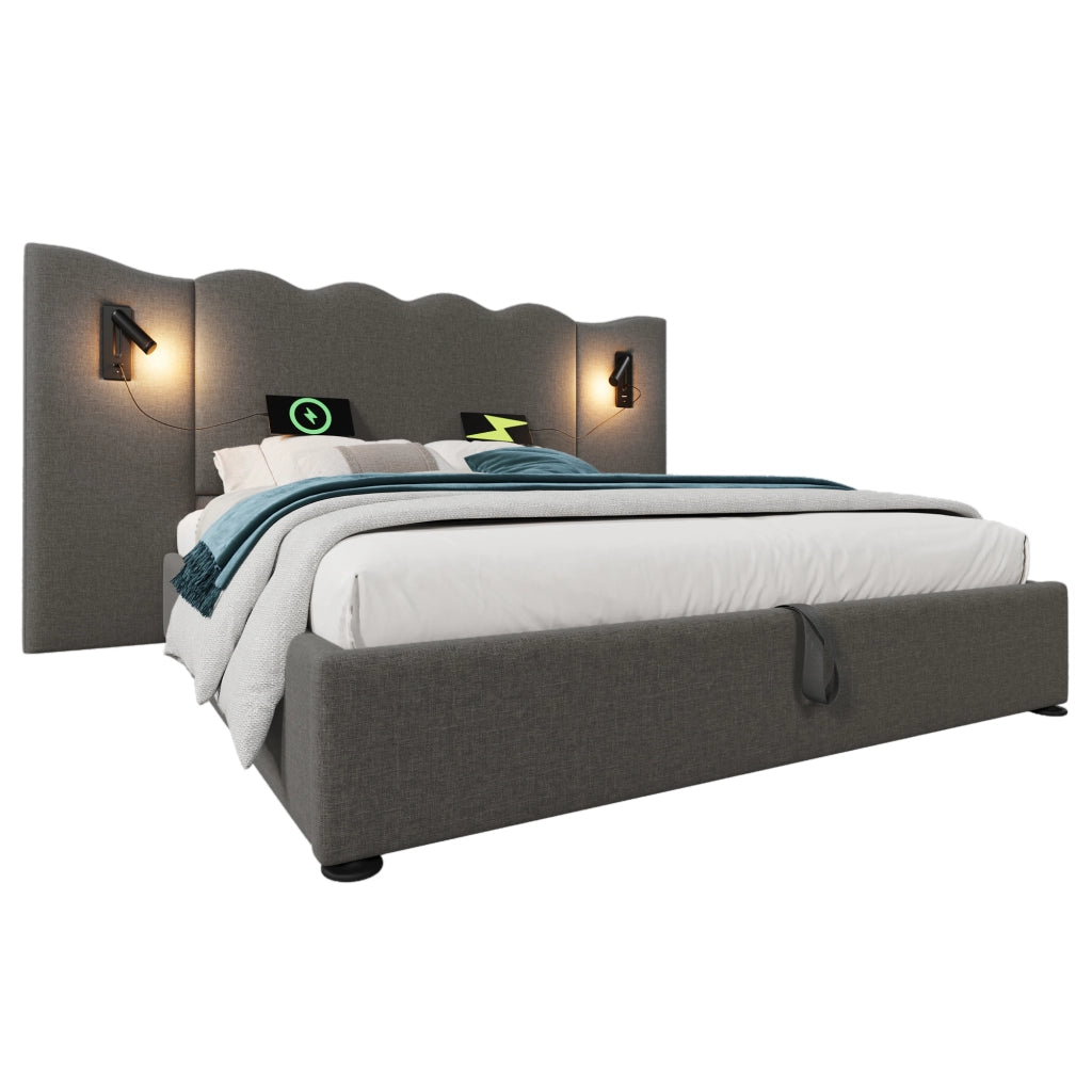 Letto matrimoniale – 160x200 cm – luce USBC contenitore – lino grigio