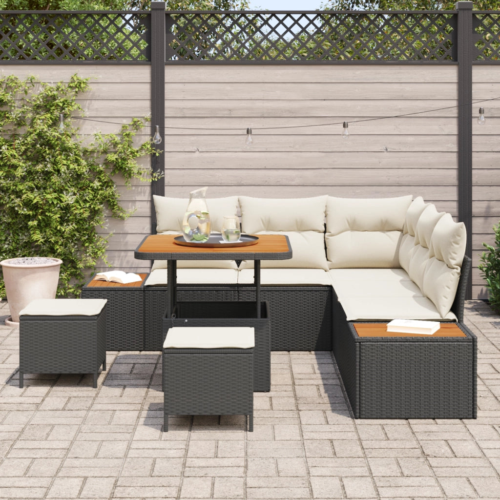 Set Divano Giardino  8 Pezzi con Cuscini Nero Polyrattan Acacia